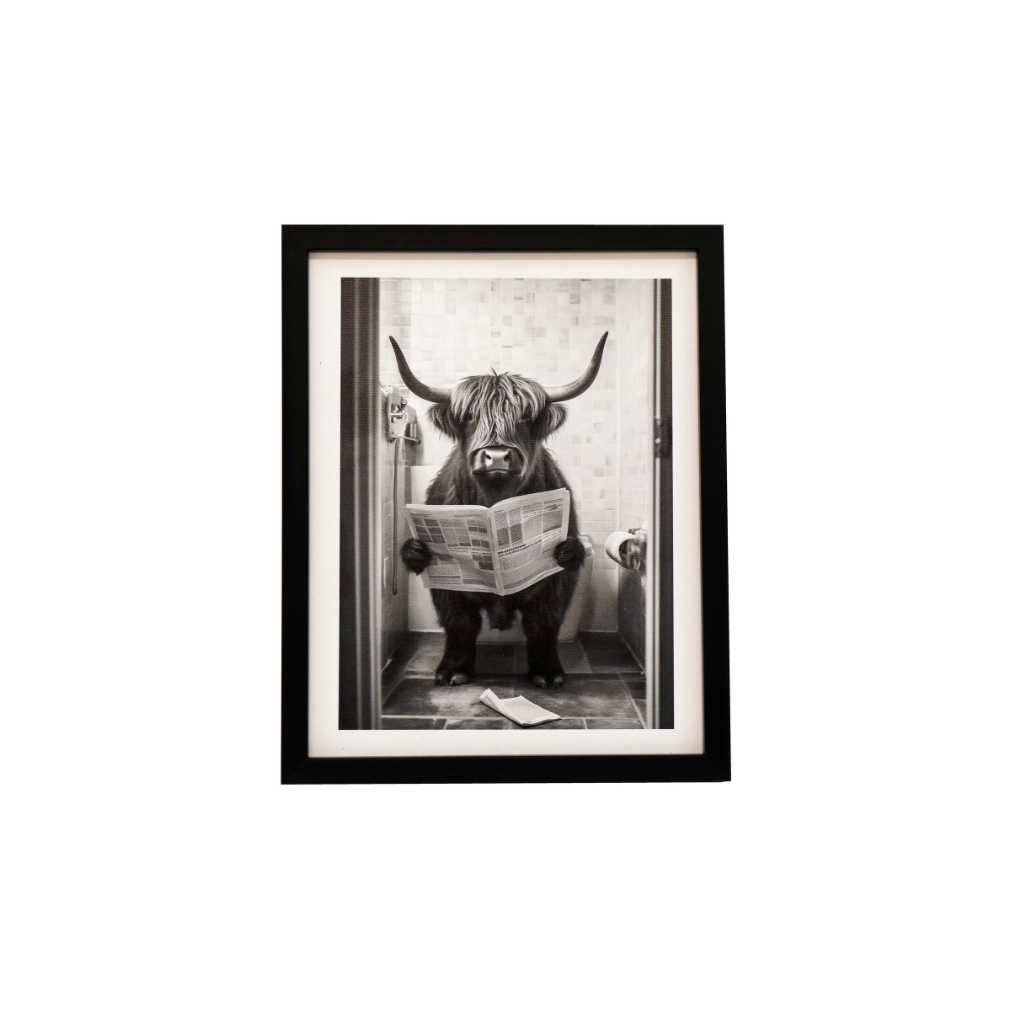 Highland Cow on Toilet Framed Canvas
