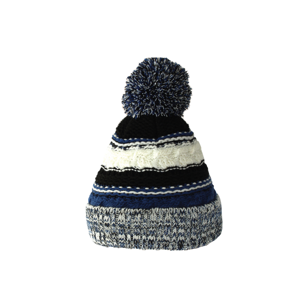 Navy Blue Striped Waterproof Bobble Hat Keep Cosy