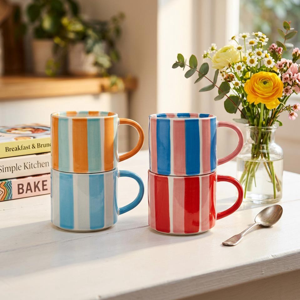 Stackable Striped Pink, Blue & Red Mugs (Set of 2)