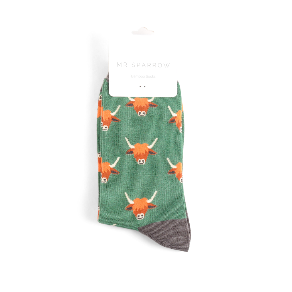 Mr Sparrow Green Highland Cow Socks