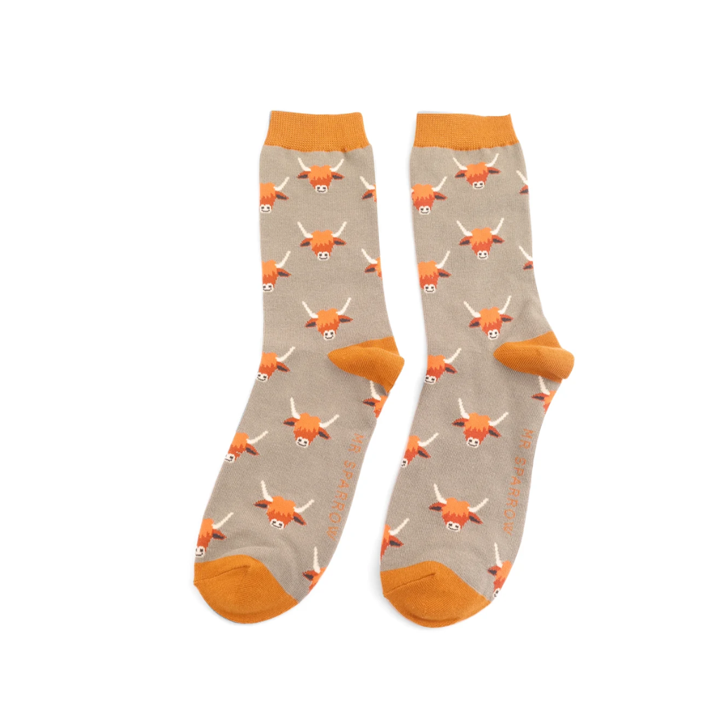 Mr Sparrow Highland Cow Khaki Socks