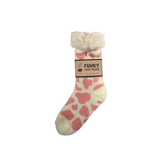 Sherpa Pink Cow Print Slipper Socks (One Size 4-8)