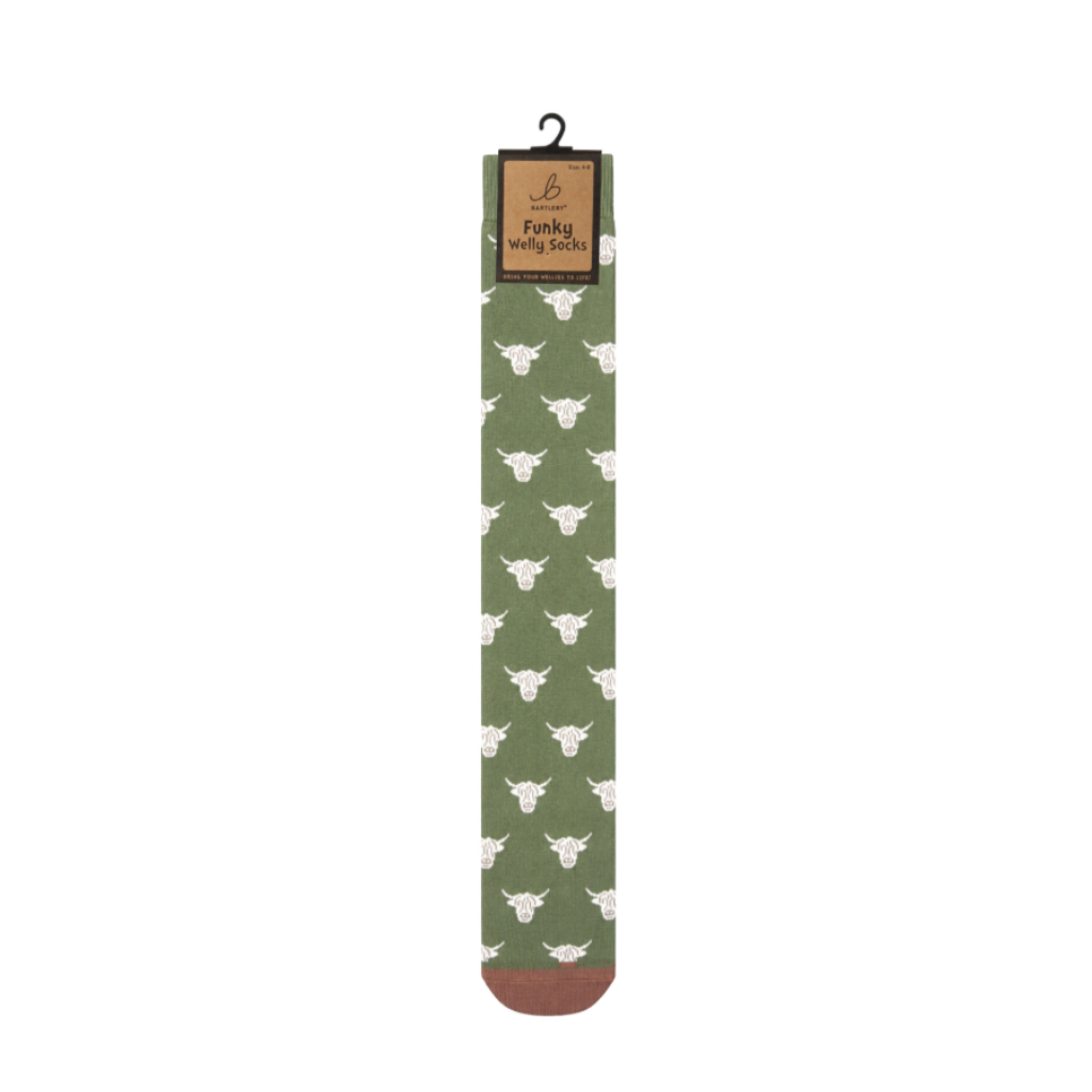 Highland Cow Head Green Welly Socks