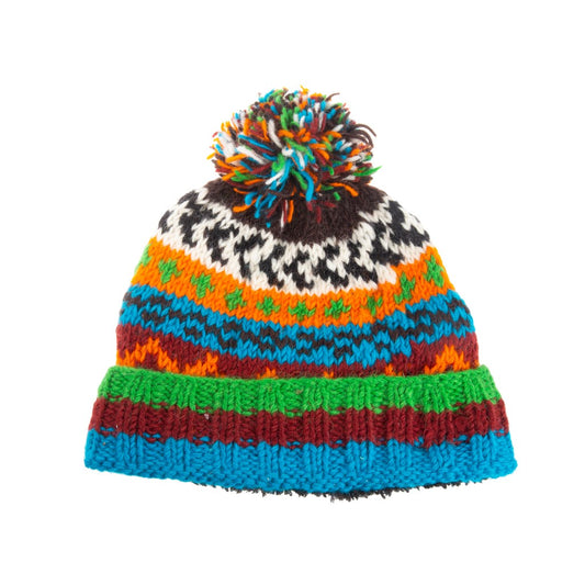 Hand Knitted Blue, Burgundy & Green Pom Pom Hat