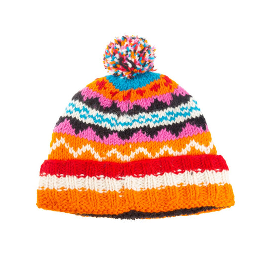 Hand Knitted Sherpa Lined Org/Wht/Red Pom Pom Hat