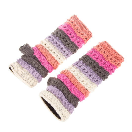 Hand Knitted Ribbed Knit Pink, Orange & Grey Handwarmers