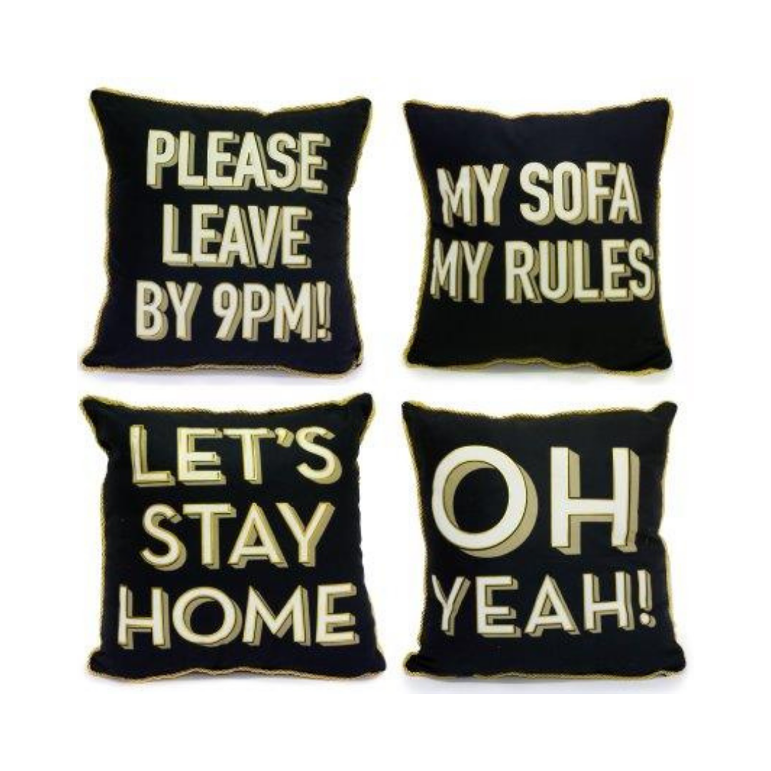 Let's Stay Home Black & Gold Typography Cushion