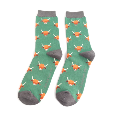 Mr Sparrow Green Highland Cow Socks