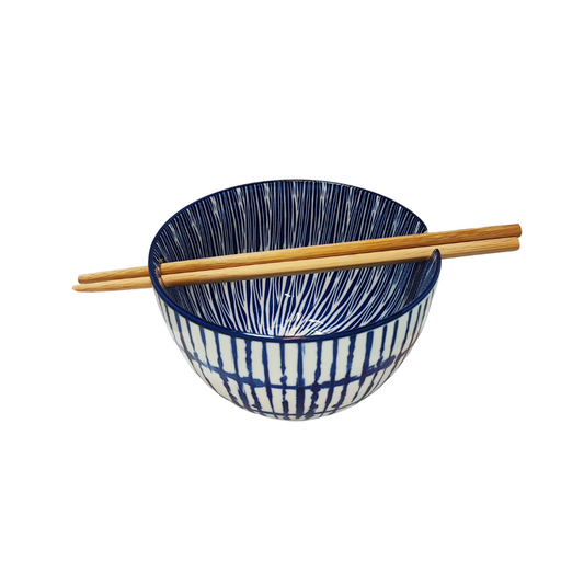 Blue & White Lines Bowl with Chopsticks