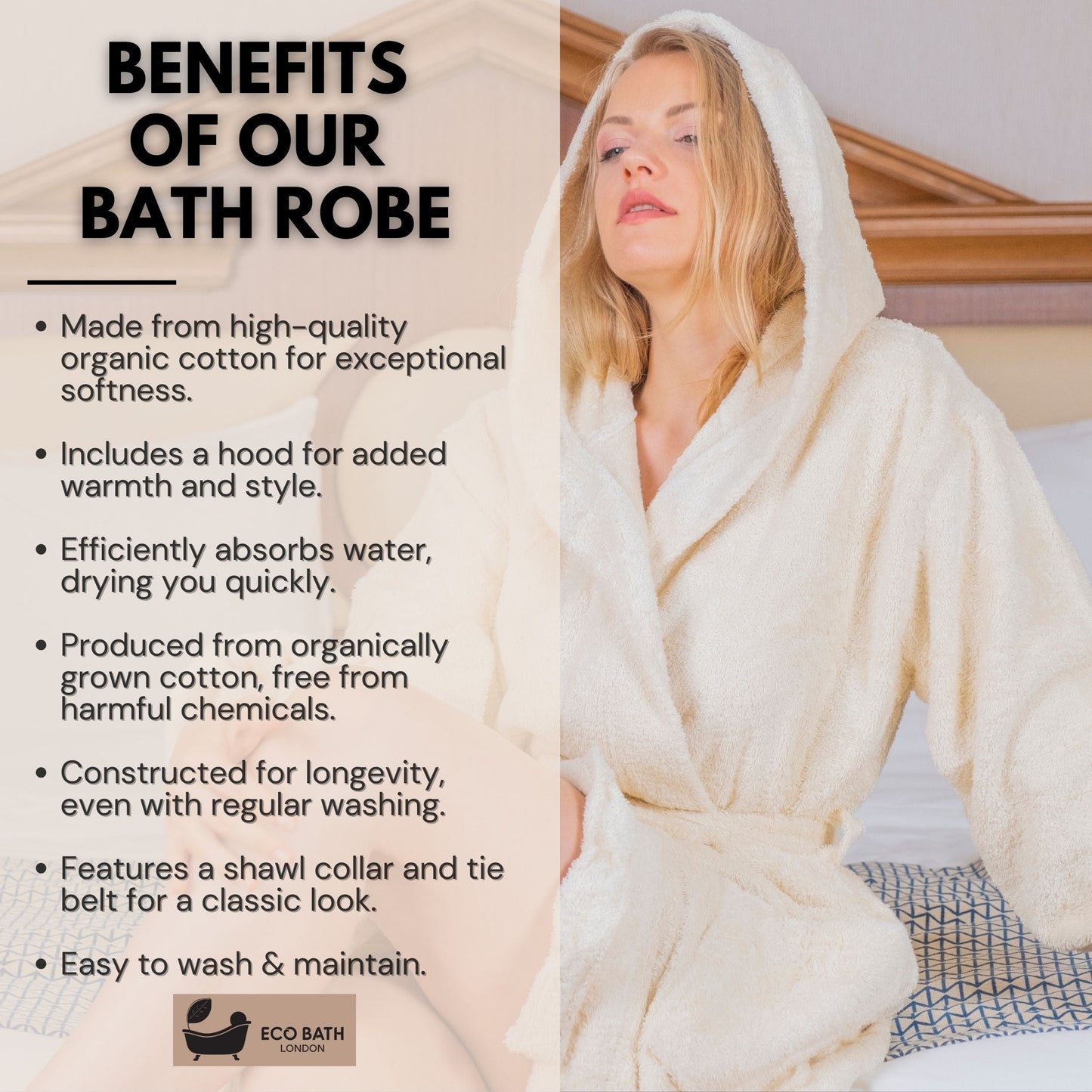 Eco Bath Hooded Organic Cotton Bath Robe - 100% Certified Organic Cotton