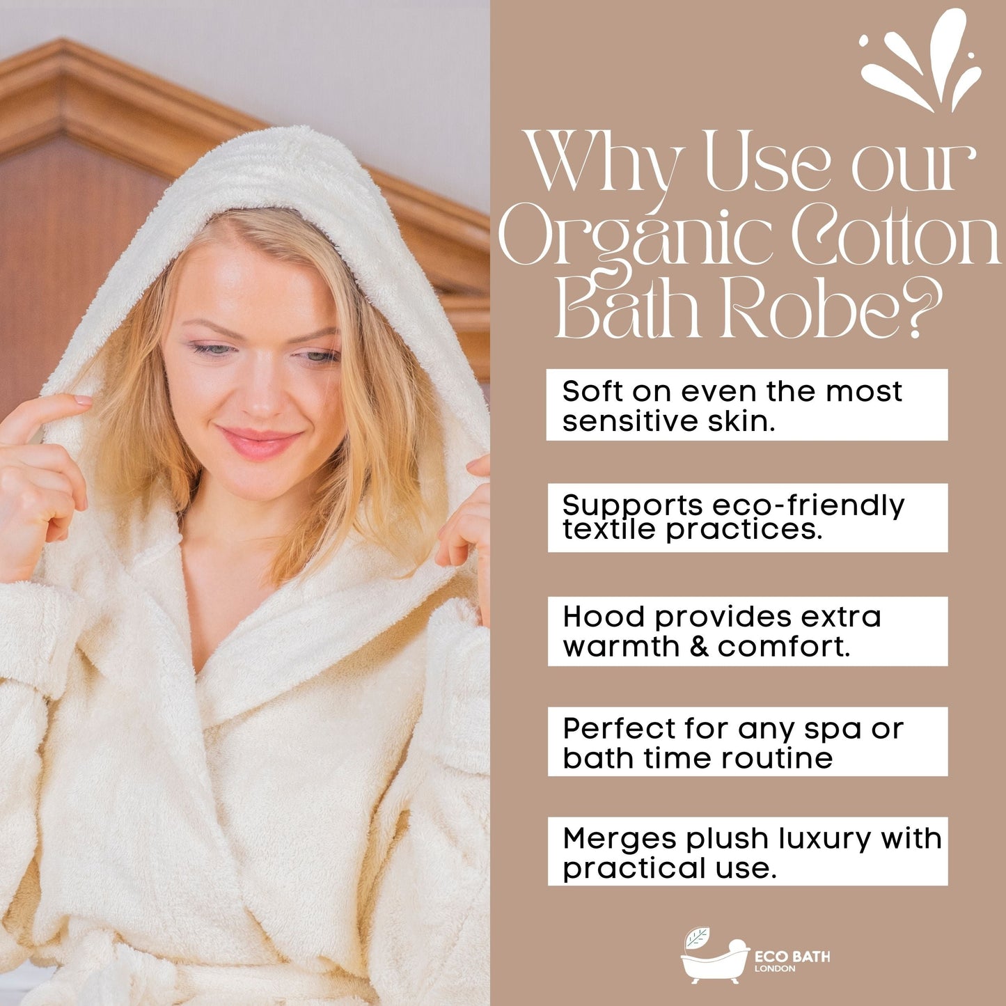 Eco Bath Hooded Organic Cotton Bath Robe - 100% Certified Organic Cotton