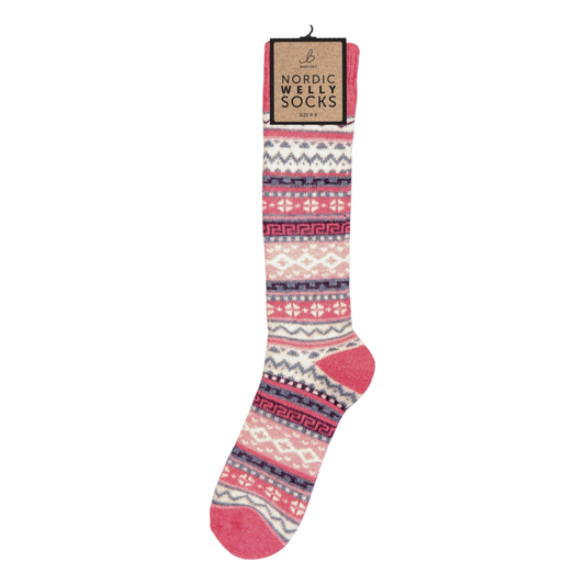 Nordic Wool Blend Pink & White Welly Socks