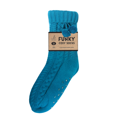 Cable Knit Teal Sherpa Socks (One Size 4 - 8)