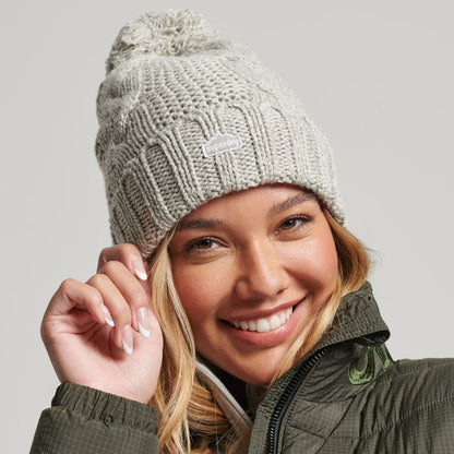Superdry Cable Knit Light Grey Bobble Hat – Keep Cosy