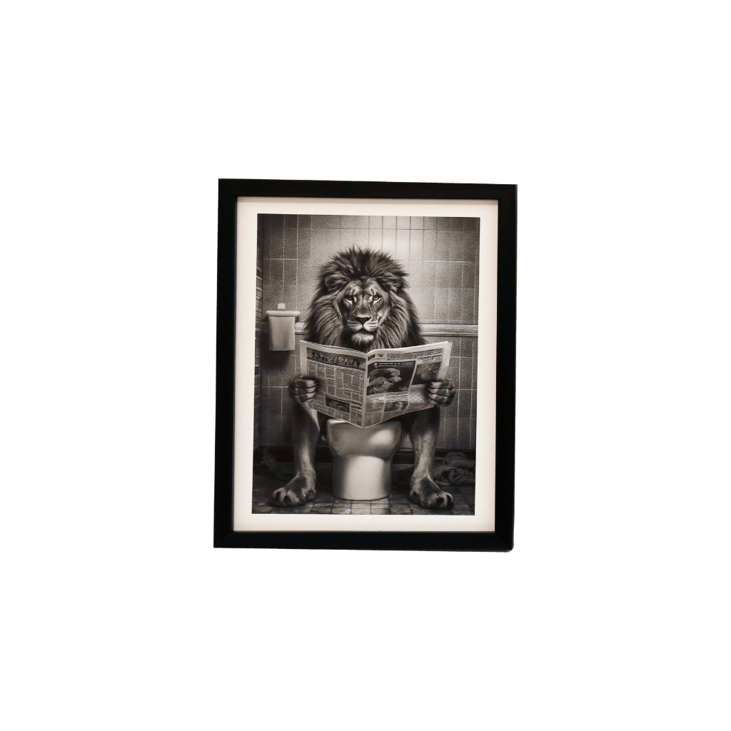 Lion on Toilet Framed Canvas