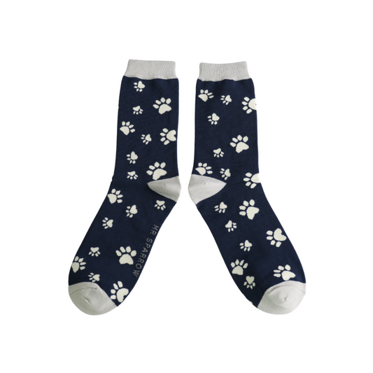 Mr Sparrow Navy Paw Print Socks