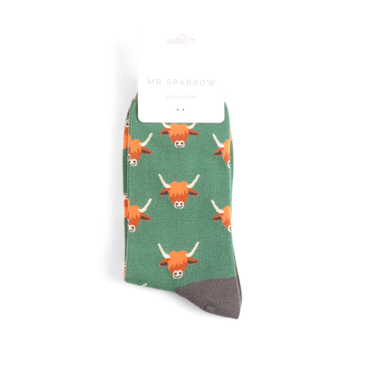 Mr Sparrow Green Highland Cow Socks