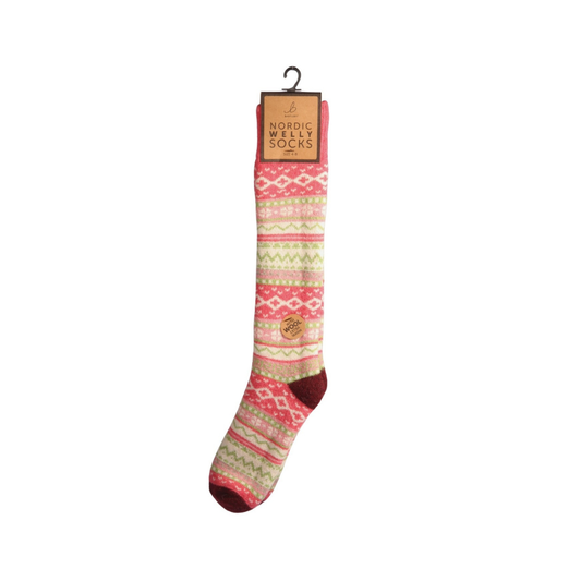 Nordic Wool Blend Coral & Burgundy Welly Socks (4-8)