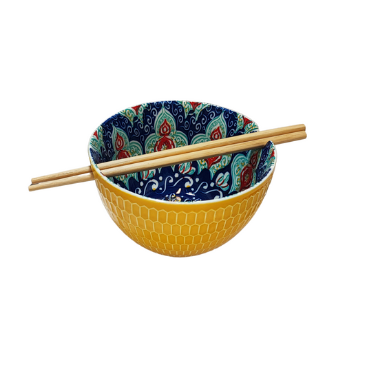 Yellow Patterned Bowl with Chopsticks