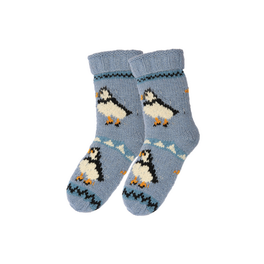 Hand Knitted Fleece Lined Puffin Socks