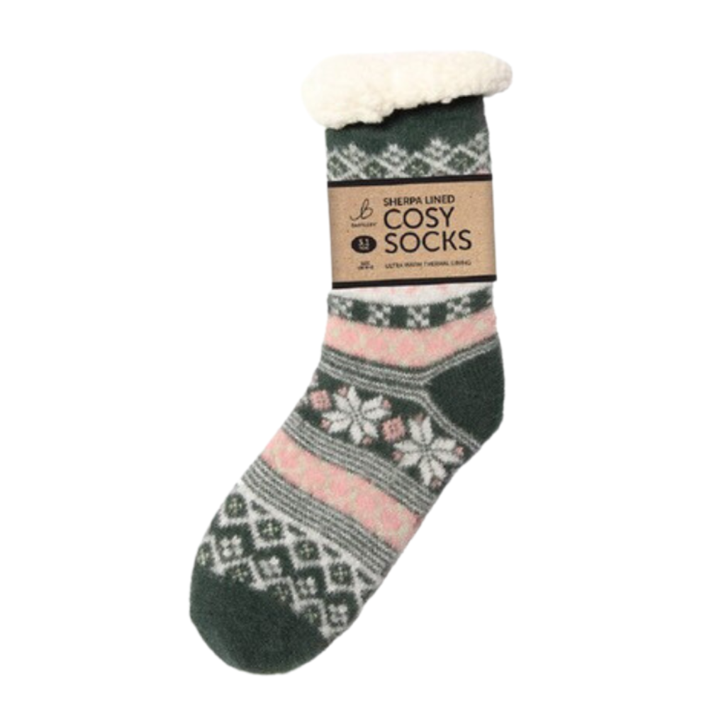Super Soft Sherpa Green Star Slipper Socks (One Size 4-8)