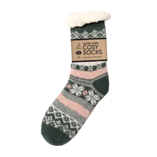 Super Soft Sherpa Green Star Slipper Socks (One Size 4-8)