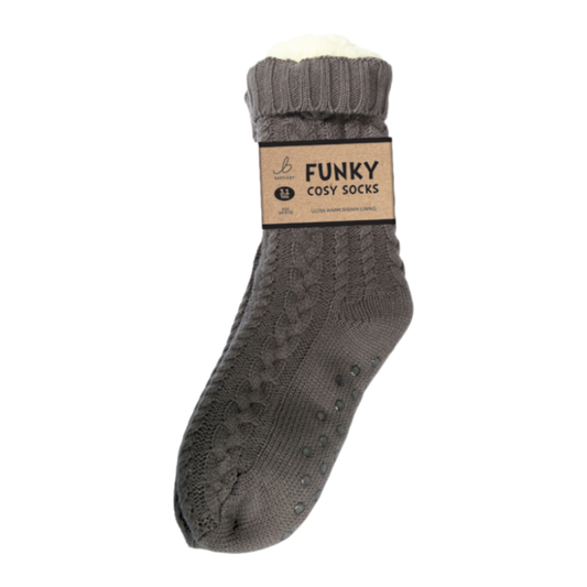 Cable Knit Sherpa Charcoal Grey Slipper Socks (One Size 6-11)
