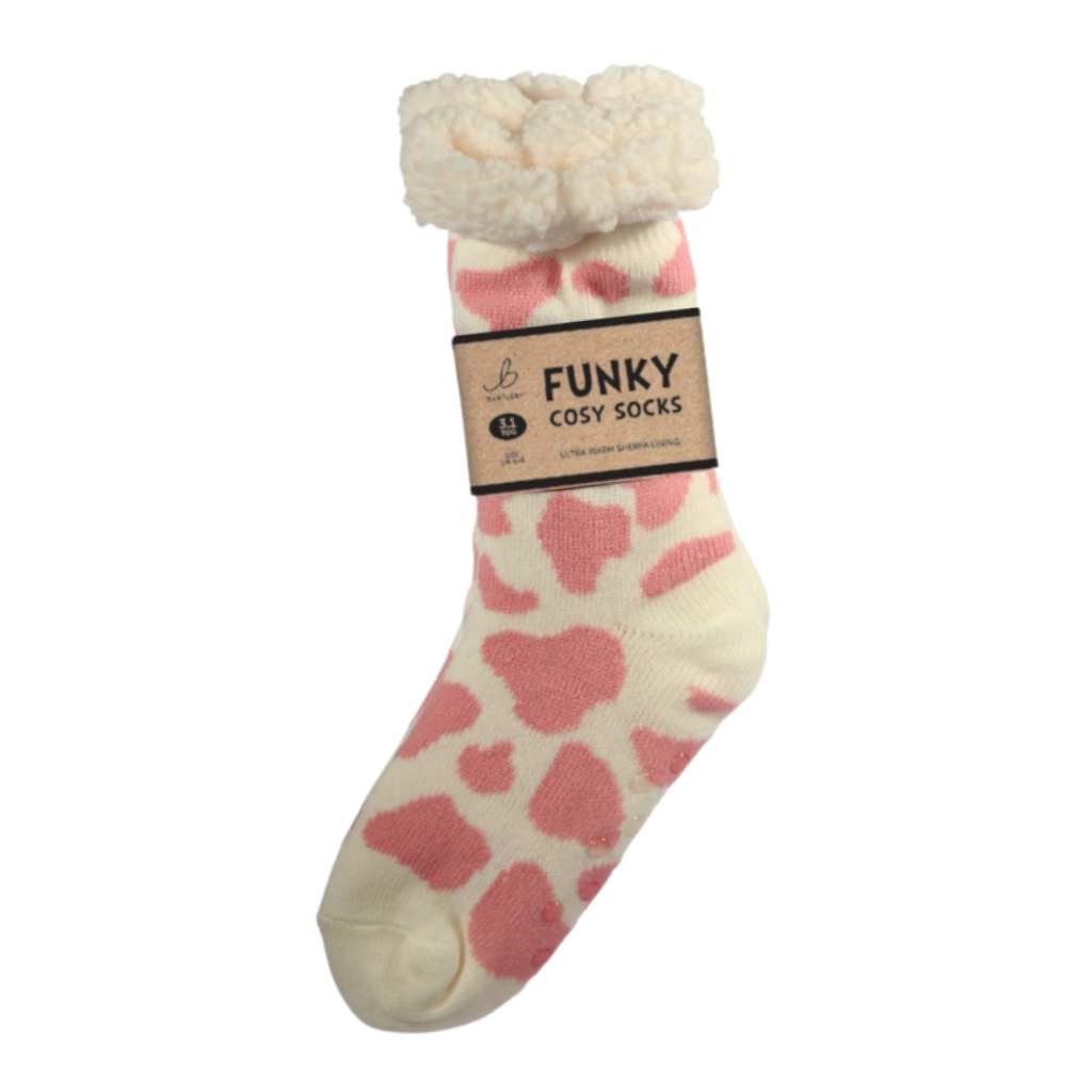 Sherpa Pink Cow Print Slipper Socks (One Size 4-8)