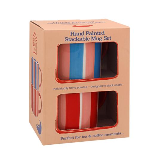 Stackable Striped Pink, Blue & Red Mugs (Set of 2)