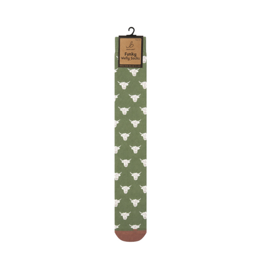 Highland Cow Head Green Welly Socks