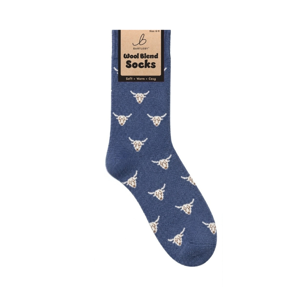 Blue Highland Cow Wool Blend Socks