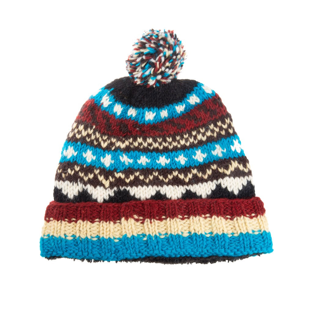 Hand Knitted Sherpa Lined Blu/Crm/Burg Pom Pom Hat