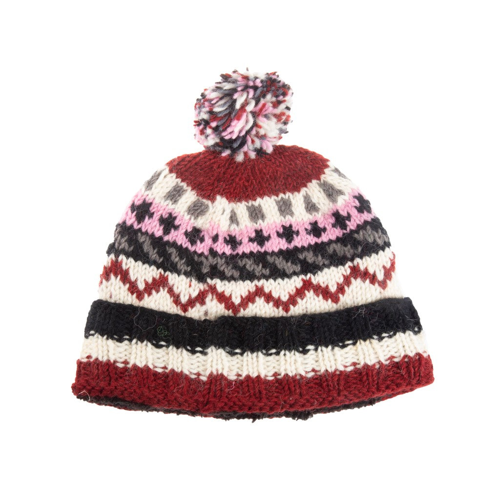 Hand Knitted Sherpa Lined Burg/Wht/Blk Pom Pom Hat