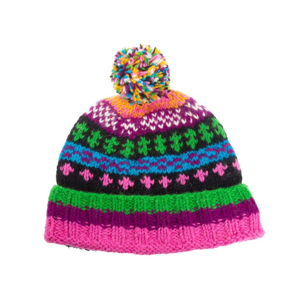 Hand Knitted Sherpa Lined Pnk/ Purp/Green Pom Pom Hat
