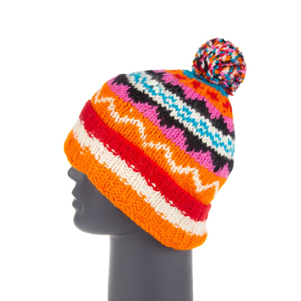 Hand Knitted Sherpa Lined Org/Wht/Red Pom Pom Hat