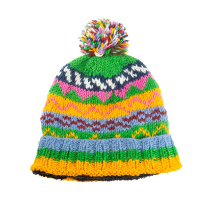 Hand Knitted Sherpa Lined Yllw/ Green/Blu Pom Pom Hat