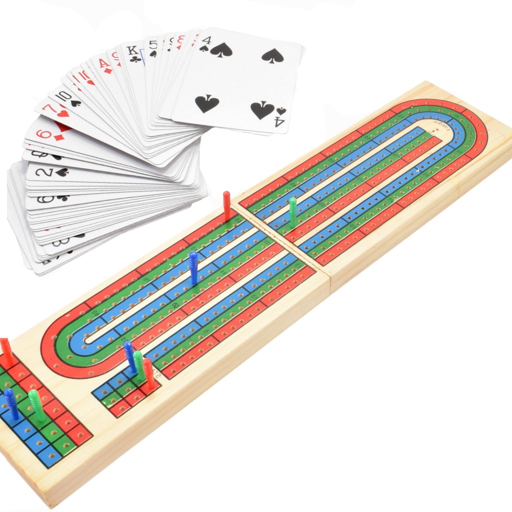 Wood Cribbage Board & Playing Cards