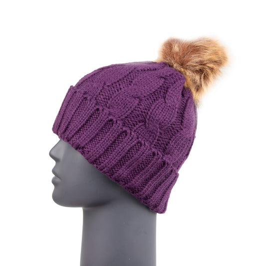 Cable Knit Sherpa Lined Purple Bobble Hat