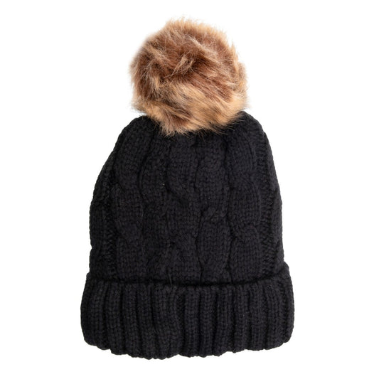 Cable Knit Sherpa Lined Black Bobble Hat