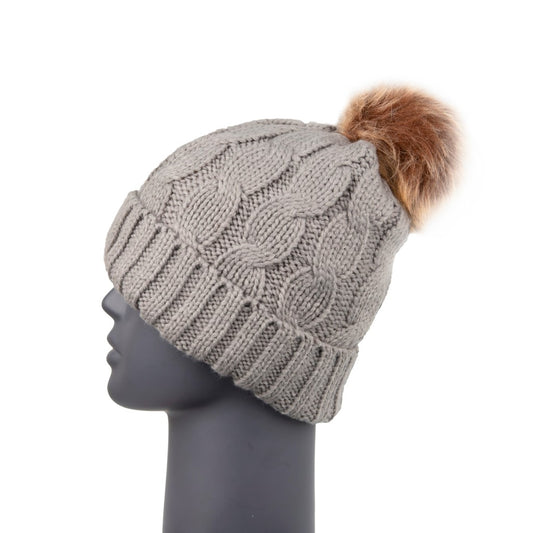 Cable Knit Sherpa Lined Grey Bobble Hat