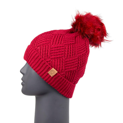 Diamond Knit Red Beanie with Detachable Bobble