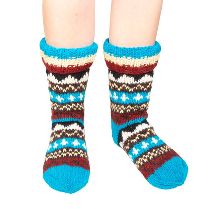 Hand Knitted Long Fleece Lined Blue Toe Socks