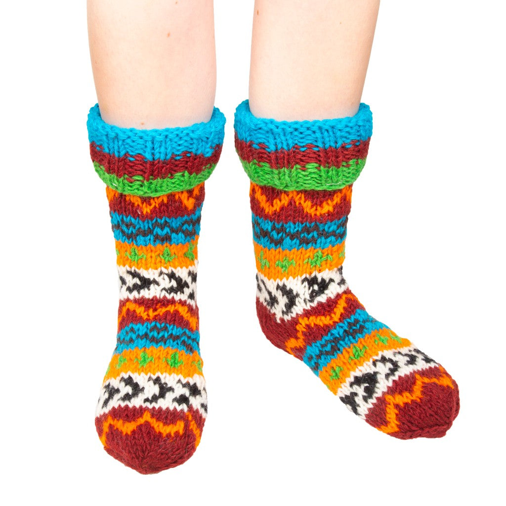 Hand Knitted Long Fleece Lined Burgundy Toe Socks