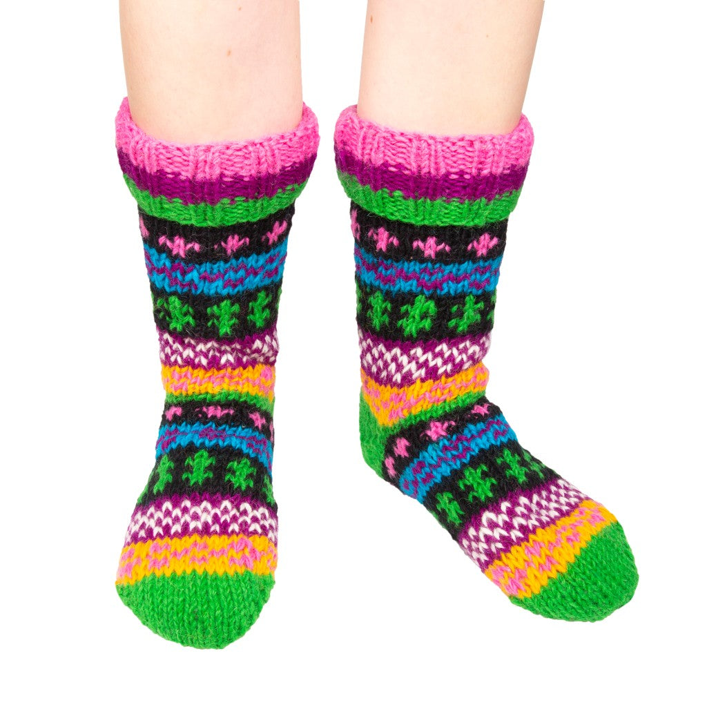Hand Knitted Long Fleece Lined Green Toe Socks