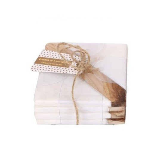 White Marble & Wood Coasters (Set of 4)