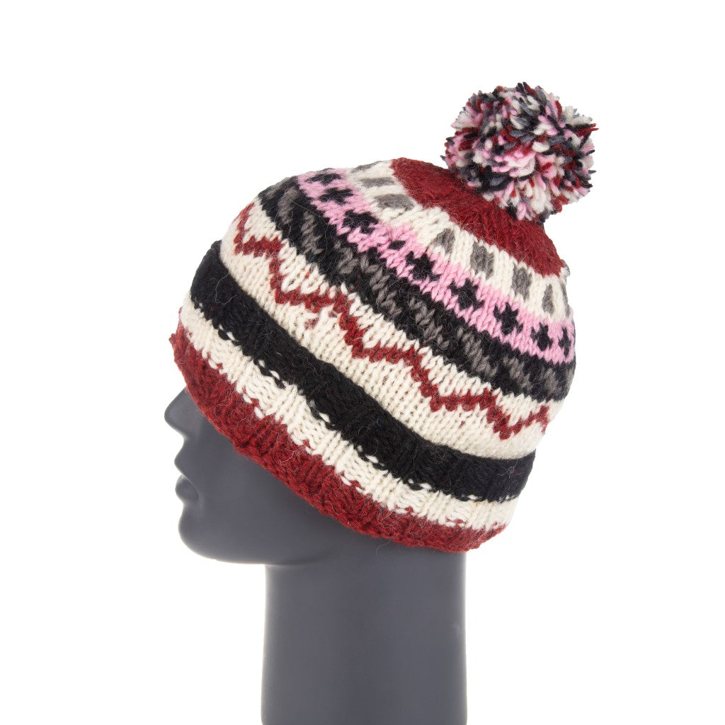 Hand Knitted Sherpa Lined Burg/Wht/Blk Pom Pom Hat