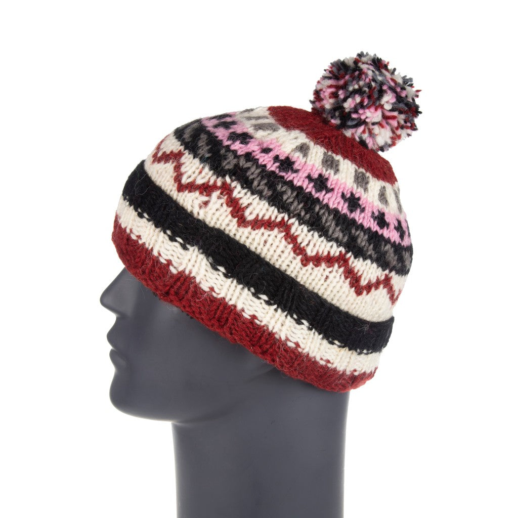 Hand Knitted Sherpa Lined Burg/Wht/Blk Pom Pom Hat