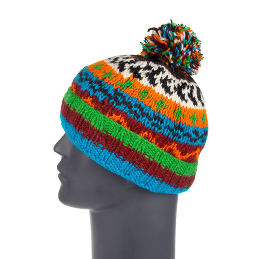 Hand Knitted Blue, Burgundy & Green Pom Pom Hat