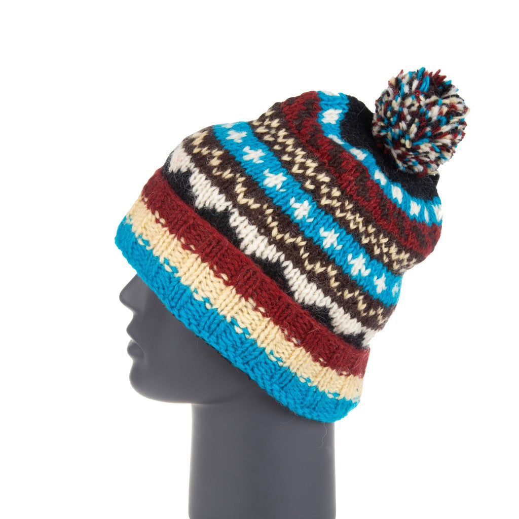 Hand Knitted Sherpa Lined Blu/Crm/Burg Pom Pom Hat