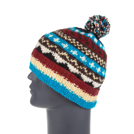 Hand Knitted Sherpa Lined Blu/Crm/Burg Pom Pom Hat